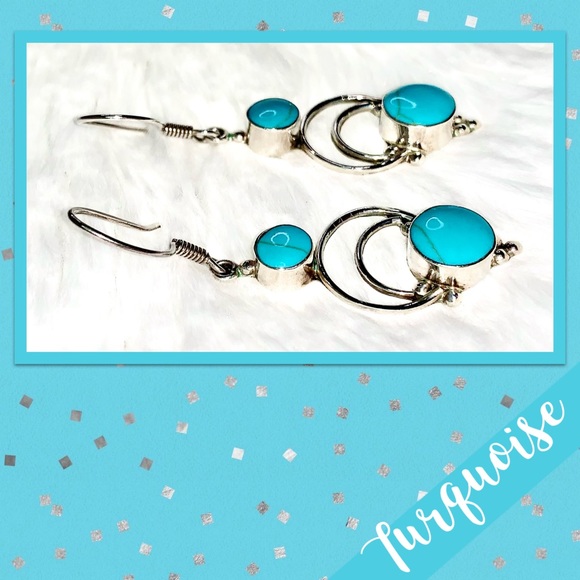 Turquoise Sterling Silver Dangle Earrings, HOB Mexico 925 (Turquoise Blue) - Picture 2 of 7